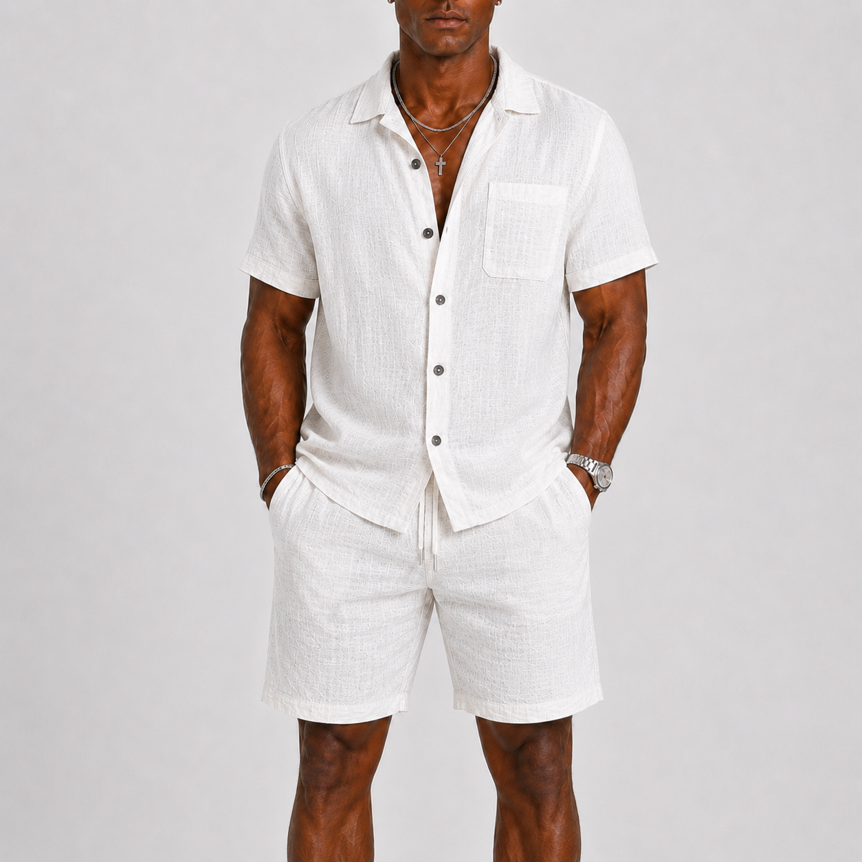Men's Cotton Blend Short Sleeve Shirt and Shorts Set