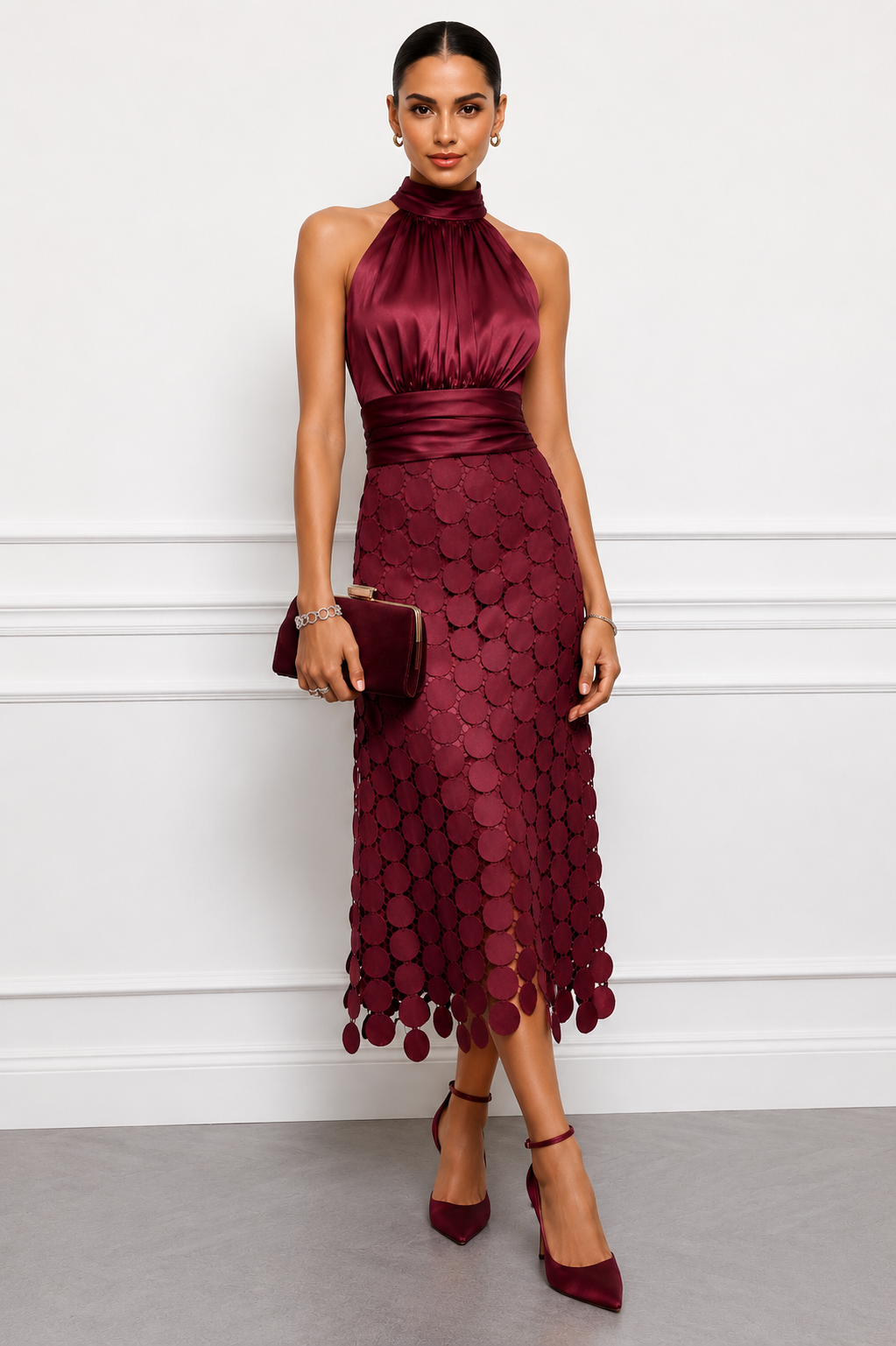 Women's Halterneck Satin & Disc Detail Midi Dress