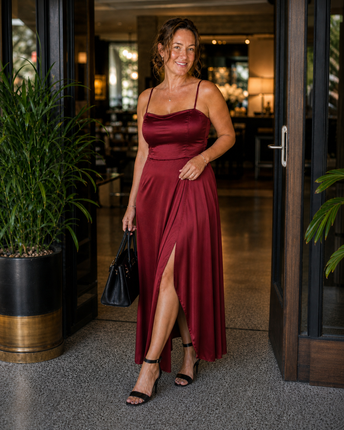 Satin Slip Dress with Cowl Neck and Side Slit