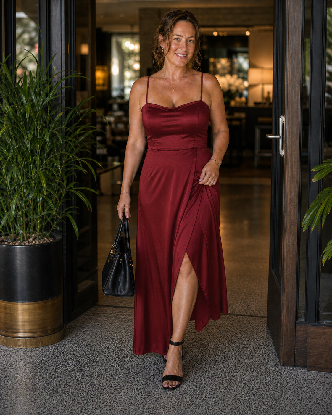 Satin Slip Dress with Cowl Neck and Side Slit
