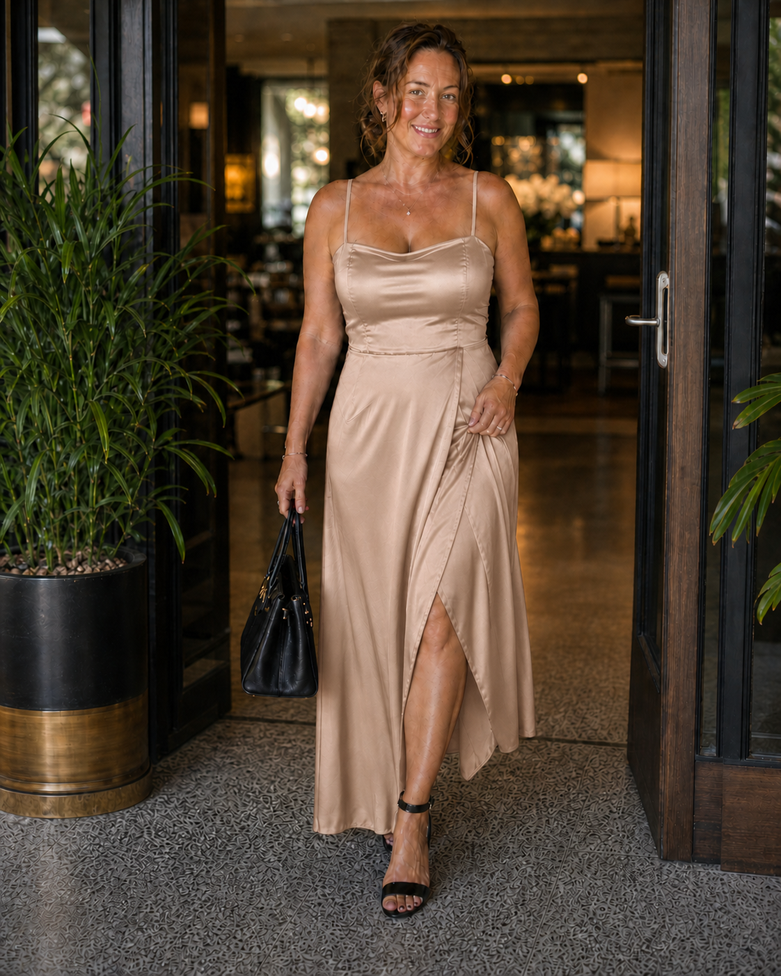 Satin Slip Dress with Cowl Neck and Side Slit