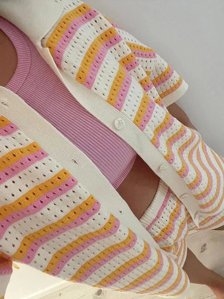 Striped Knit Two-Piece Shirt and Shorts Set