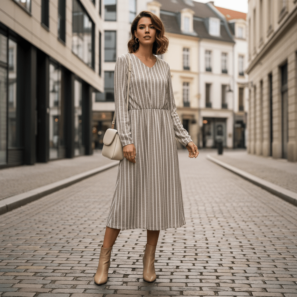 Women's Striped V-Neck Midi Dress