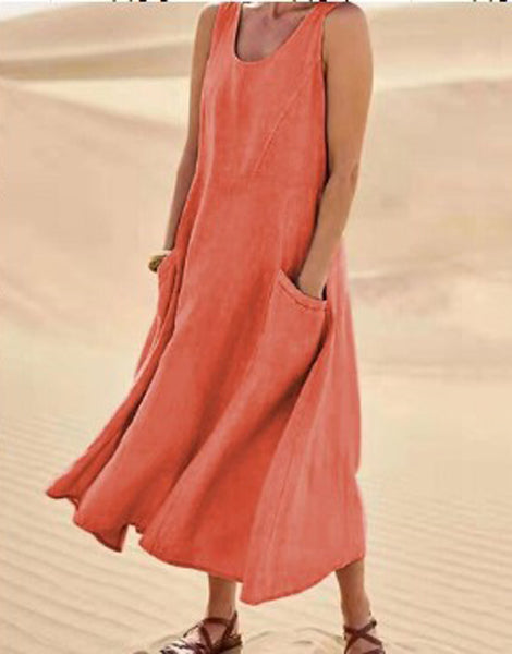 Sleeveless Midi Dress with Side Pockets and A-Line Fit