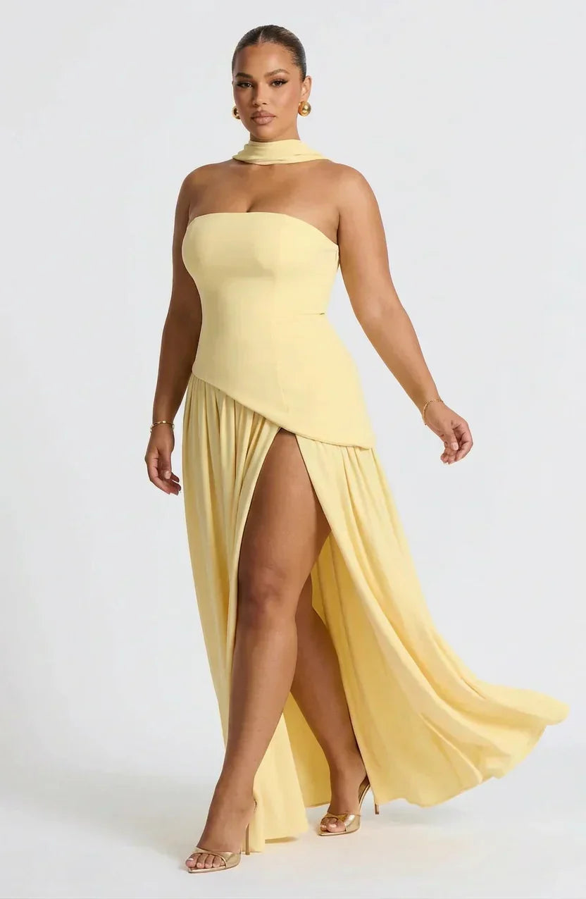 Robe longue bustier pour femme, style corset, avec fente haute