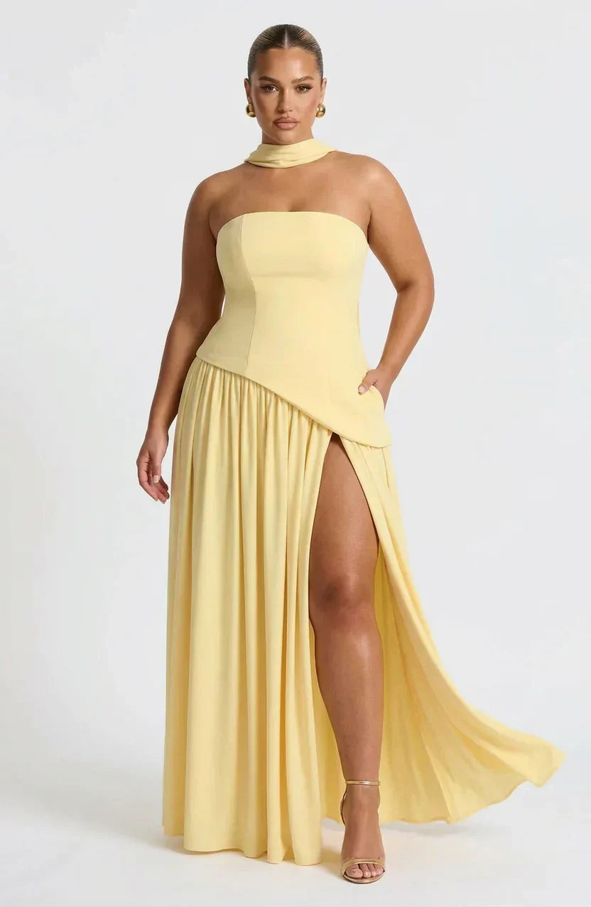 Robe longue bustier pour femme, style corset, avec fente haute