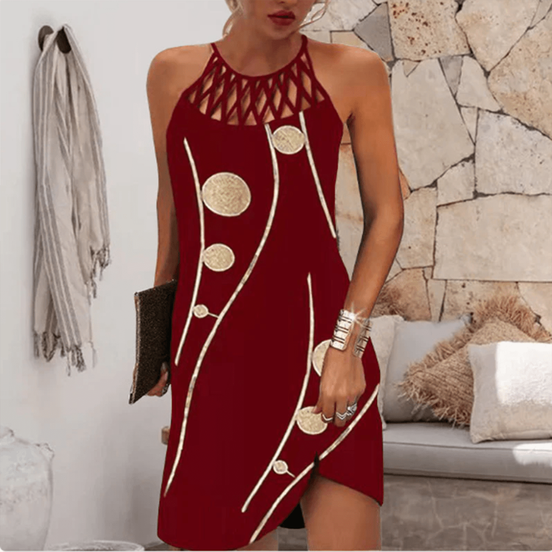 Women's Halter Neck Print Dress with Lattice Trim