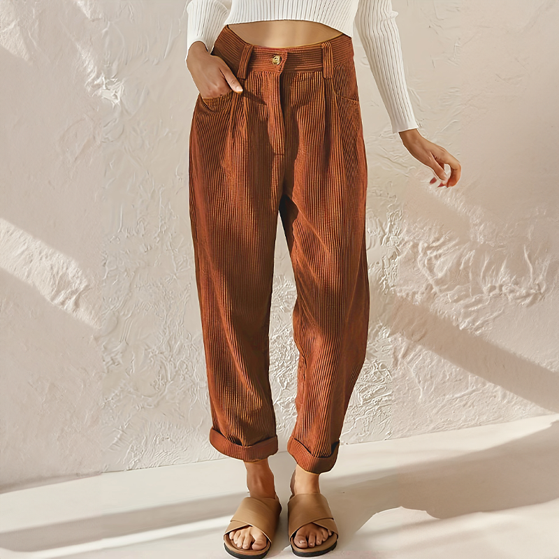 Corduroy Trousers with Pleated Front and Cuffed Hem
