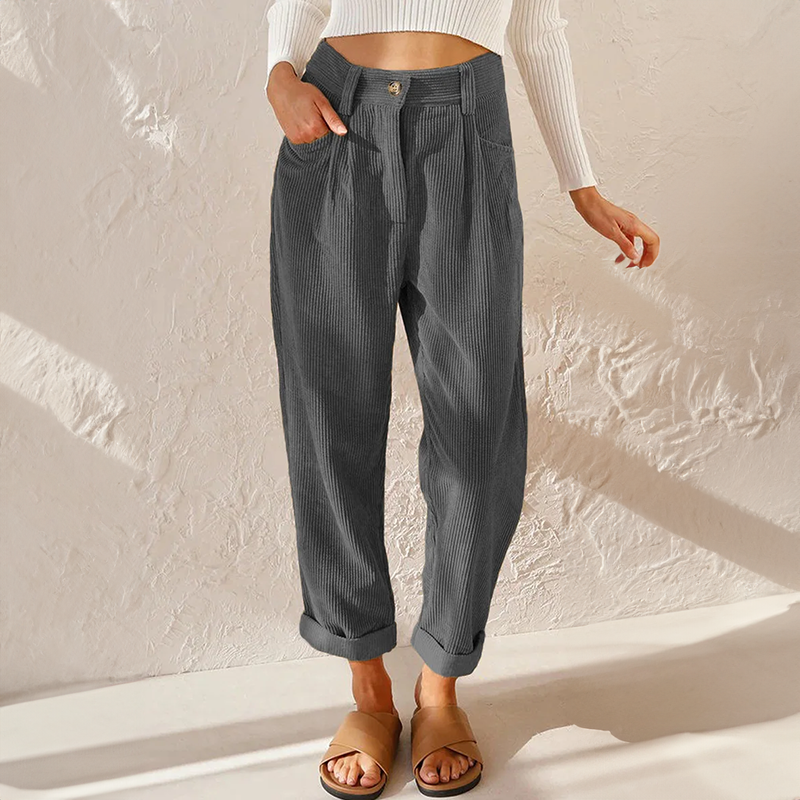 Corduroy Trousers with Pleated Front and Cuffed Hem