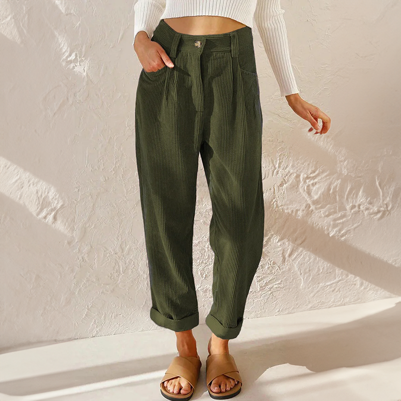Corduroy Trousers with Pleated Front and Cuffed Hem
