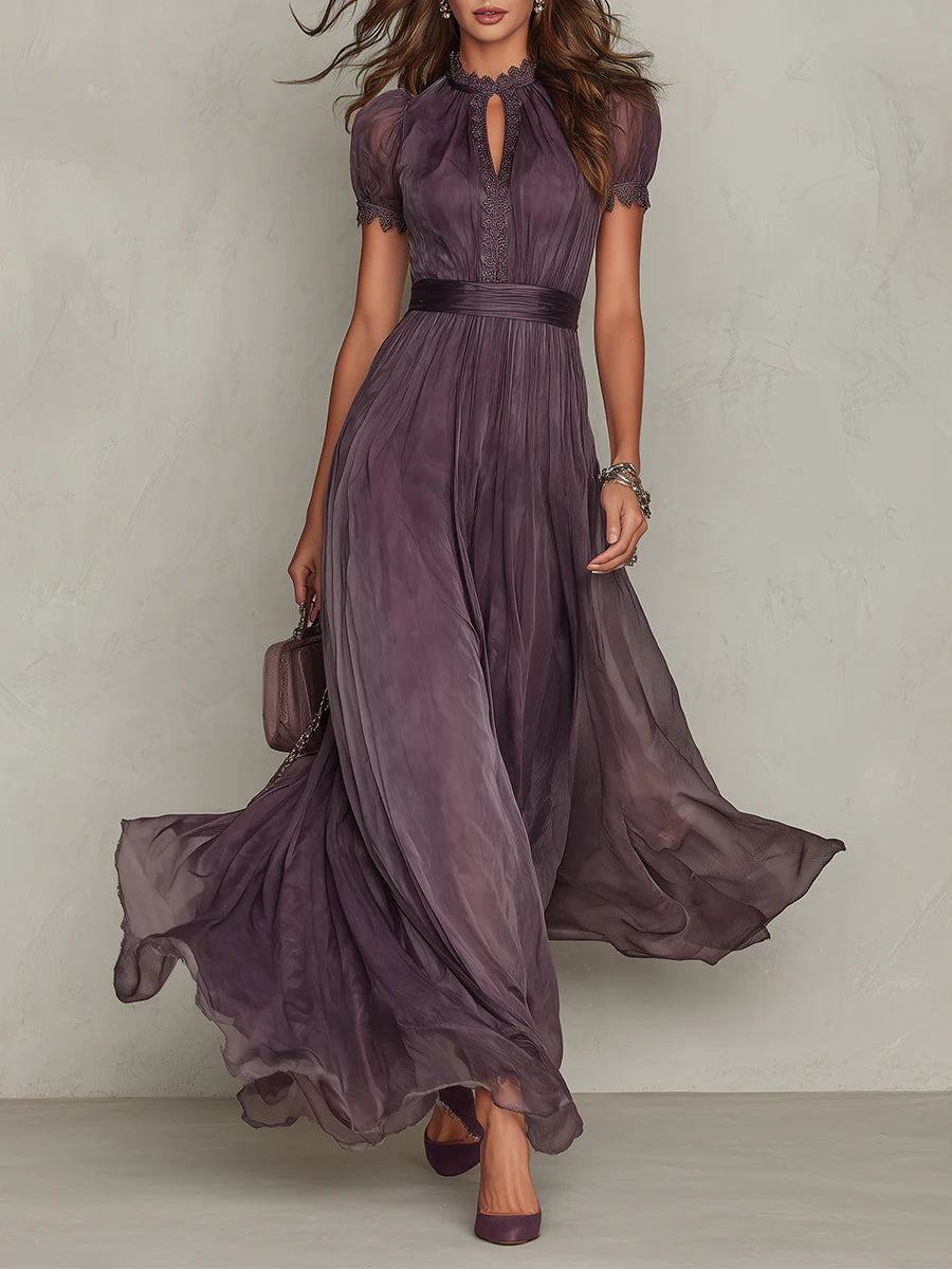 Women's Lace Trim Short Sleeve Maxi Dress