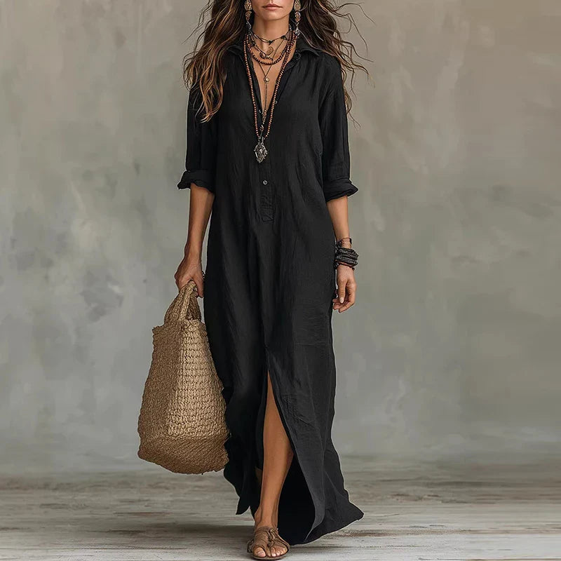 Maxi Shirt Dress with Side Slit and Collar