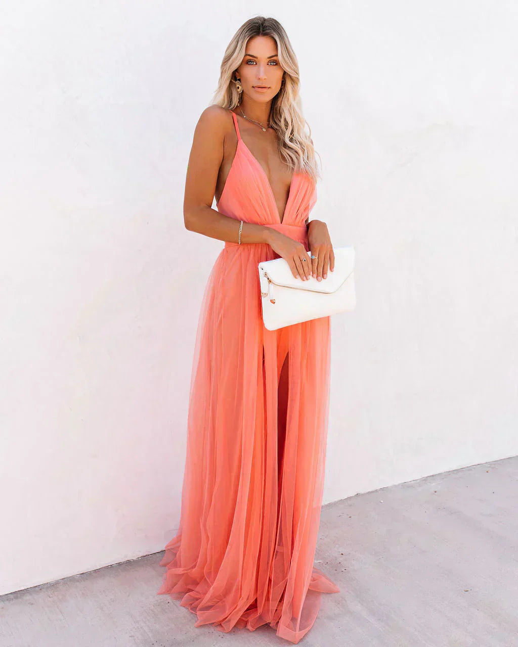 Women's Plunge Neck Tulle Maxi Dress with Cross-Back
