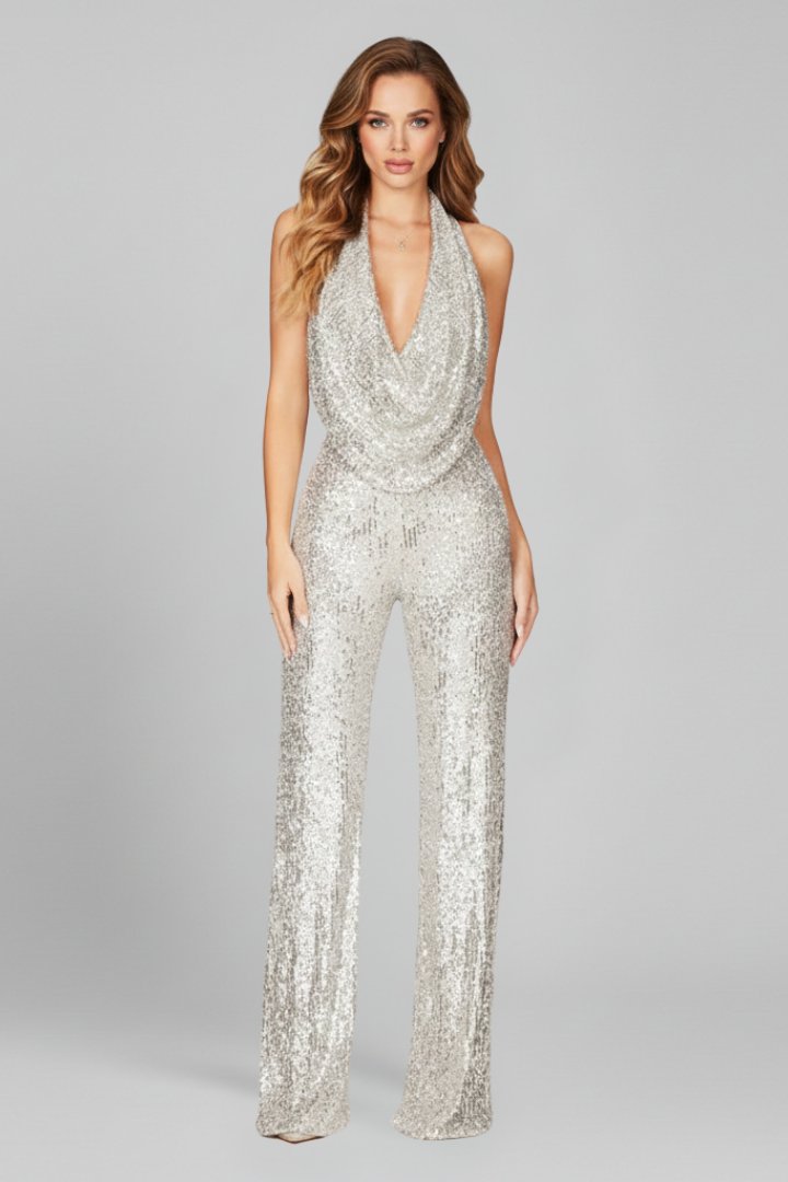 Women's Sequin Halterneck Wide Leg Jumpsuit