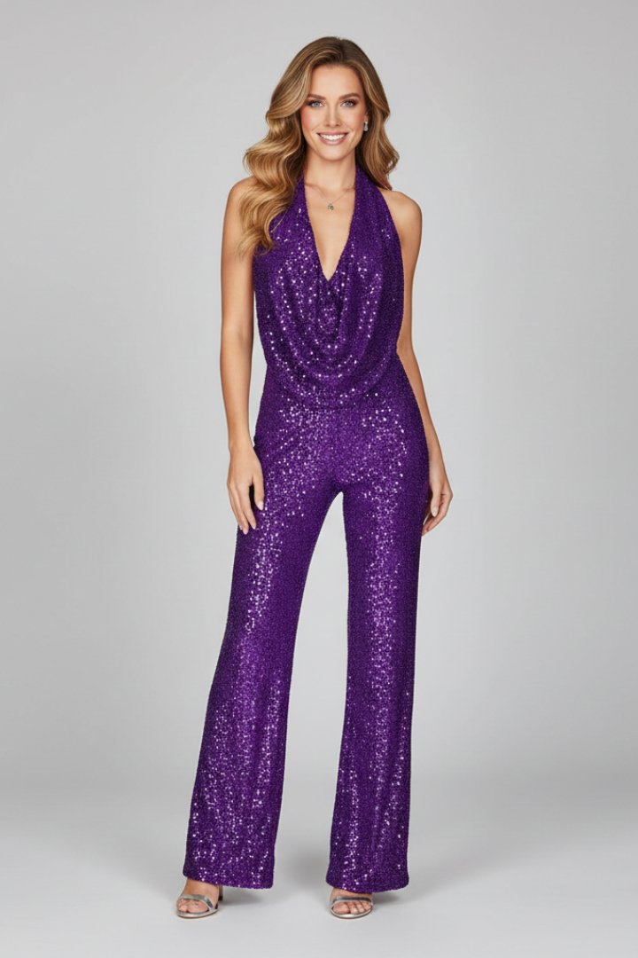 Women's Sequin Halterneck Wide Leg Jumpsuit