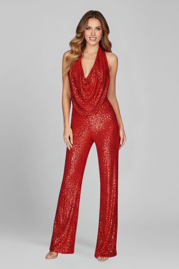Women's Sequin Halterneck Wide Leg Jumpsuit