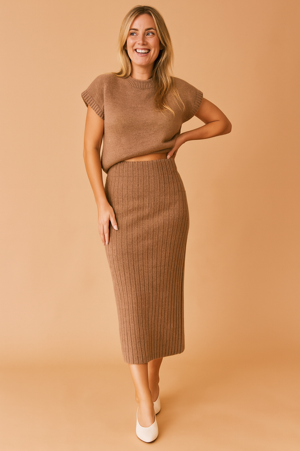 Ribbed Knit Top and Midi Skirt Co-Ord Set