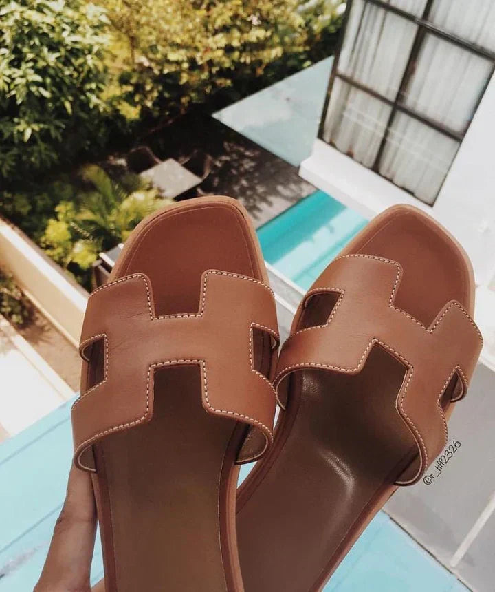 Leather Slide Sandals with Cutout Strap Design