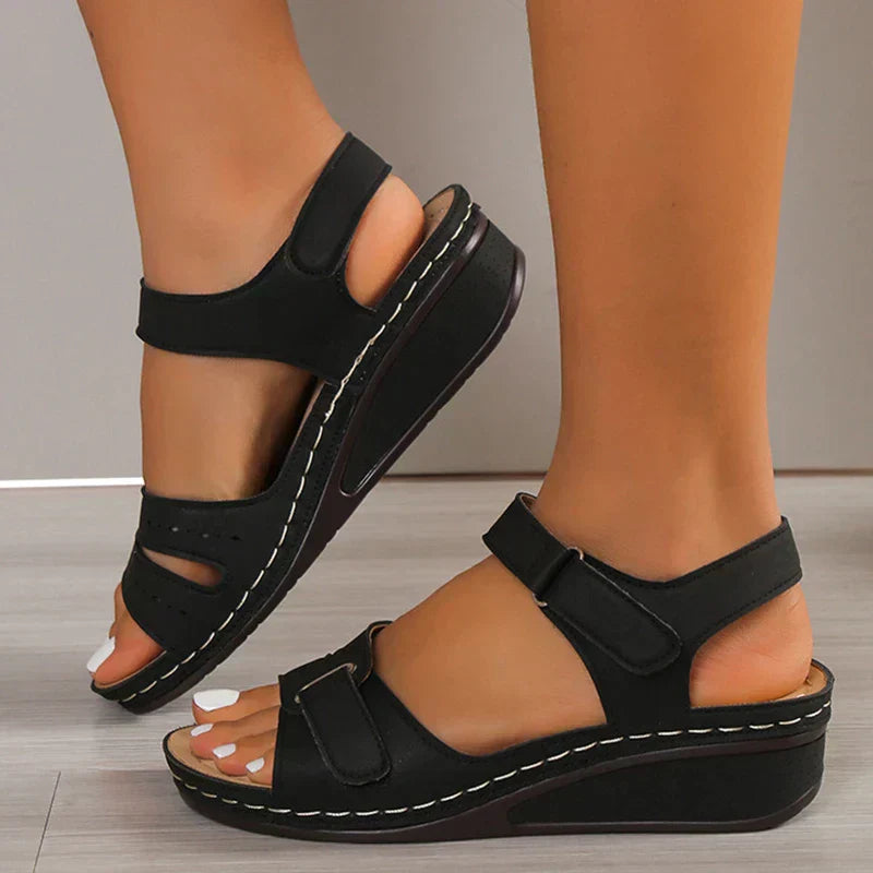 Open-Toe Wedge Sandals with Ankle Strap and Perforated Detail