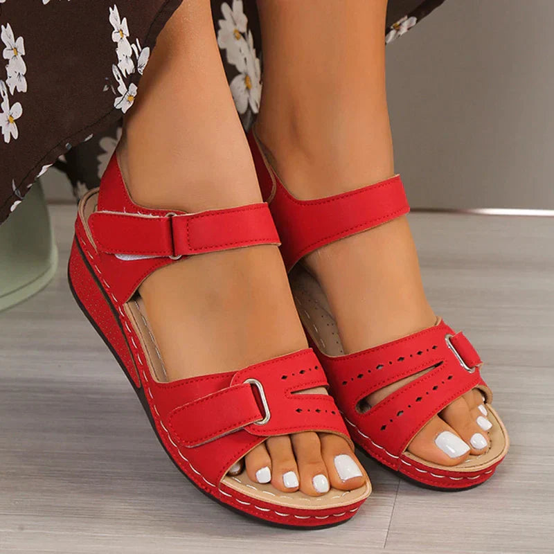 Open-Toe Wedge Sandals with Ankle Strap and Perforated Detail