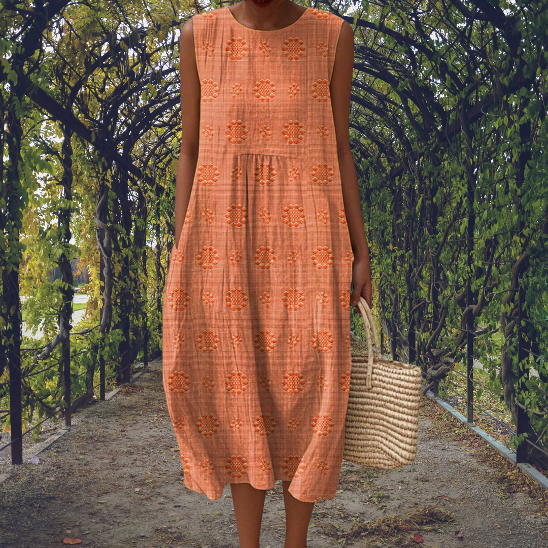 Embroidered Midi Dress with Pockets and Pleated Bodice