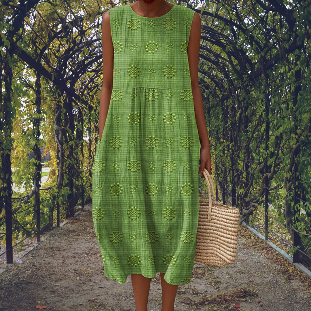 Embroidered Midi Dress with Pockets and Pleated Bodice