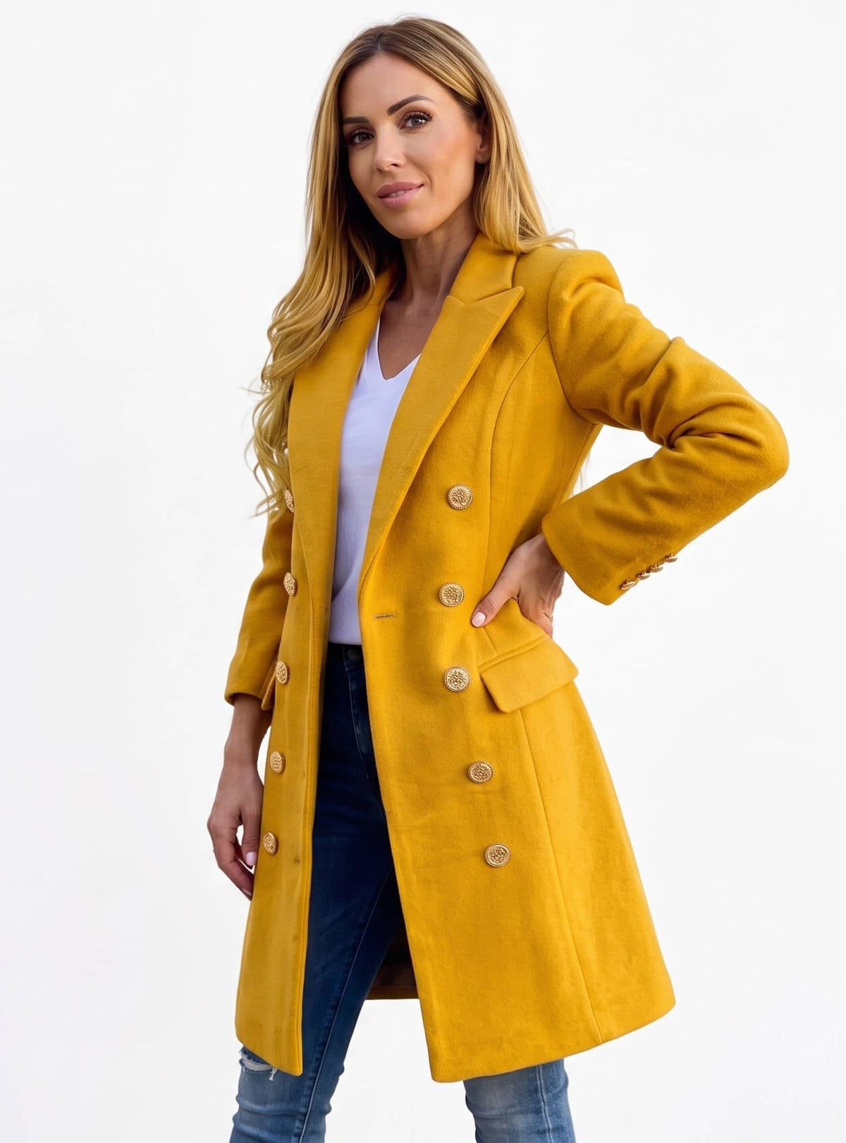 Women's Double Breasted Wool Coat | Midi Length Peacoat