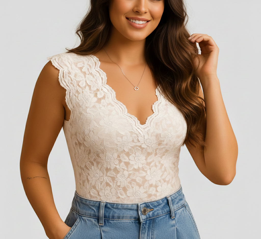 Lace Bodysuit with Scalloped V-Neckline