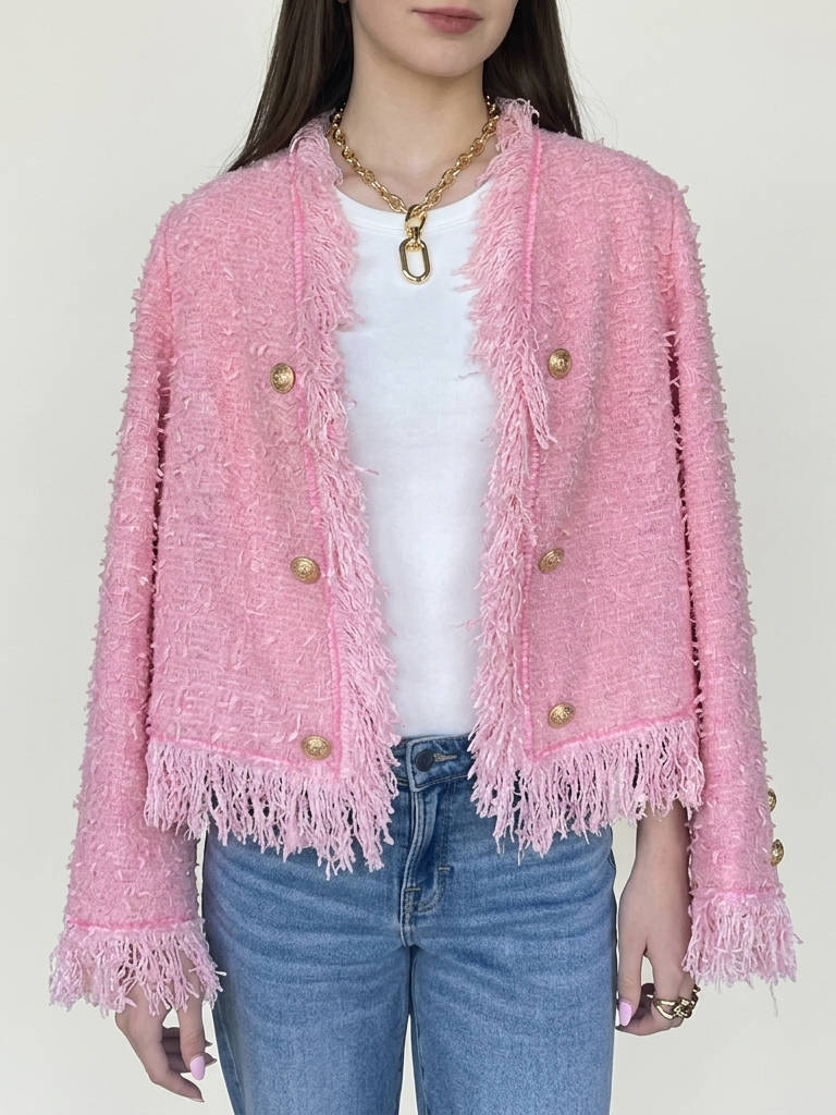 Women's Tweed Fringe Jacket | Cropped Double-Breasted Blazer