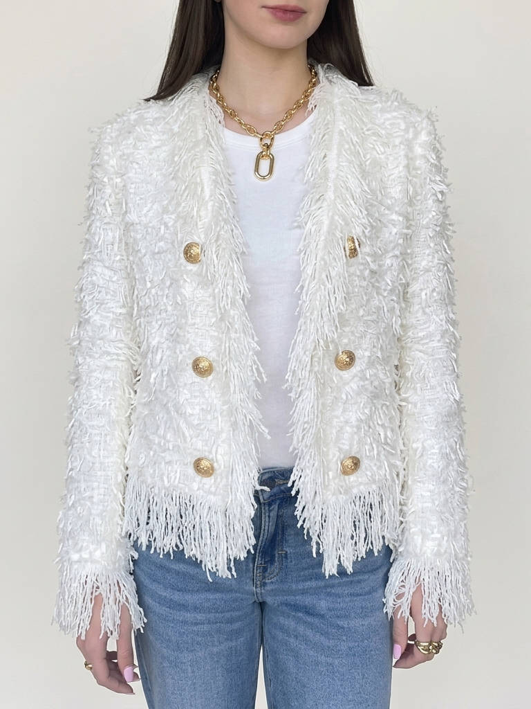 Women's Tweed Fringe Jacket | Cropped Double-Breasted Blazer