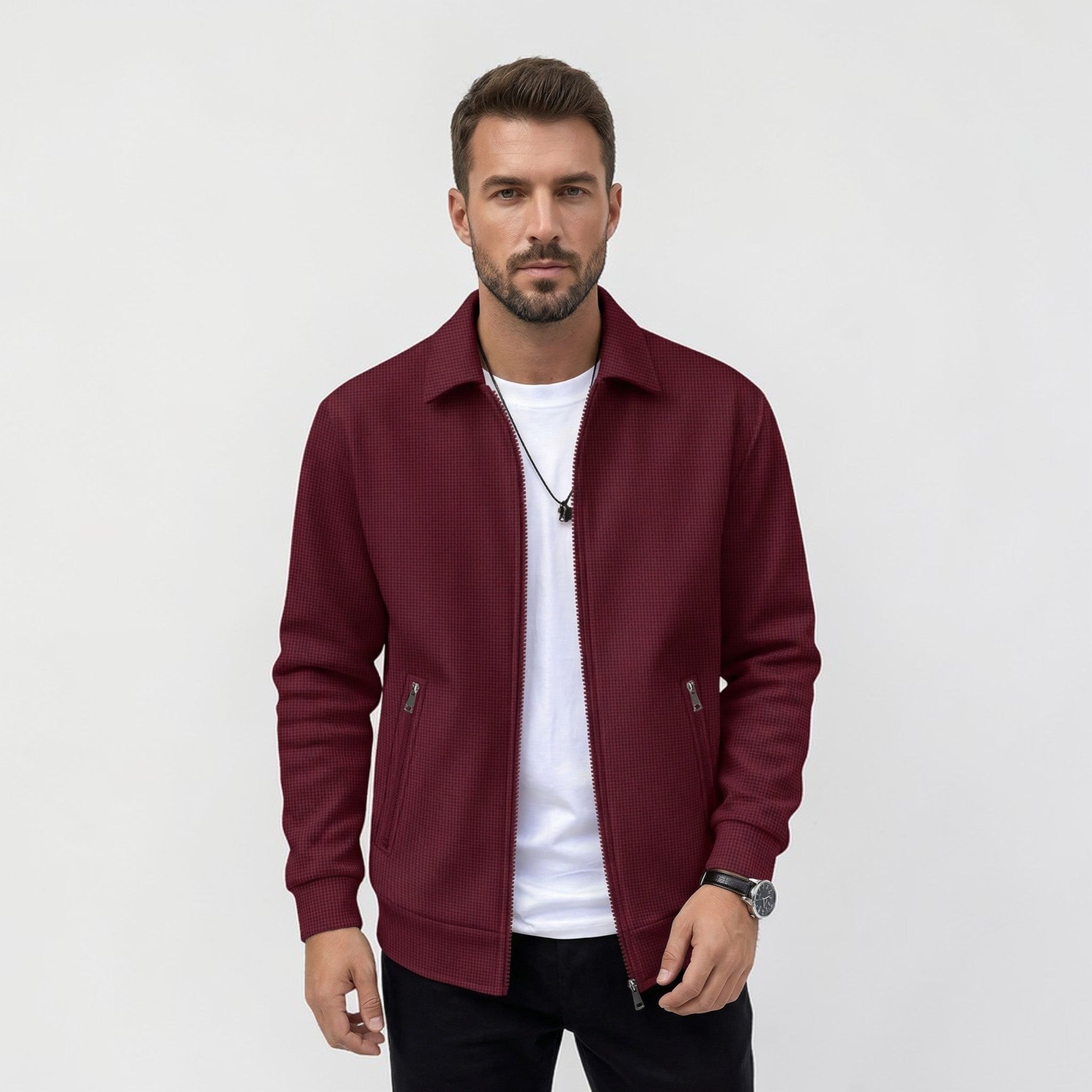 Textured Zip-Up Jacket with Stand Collar and Zip Pockets