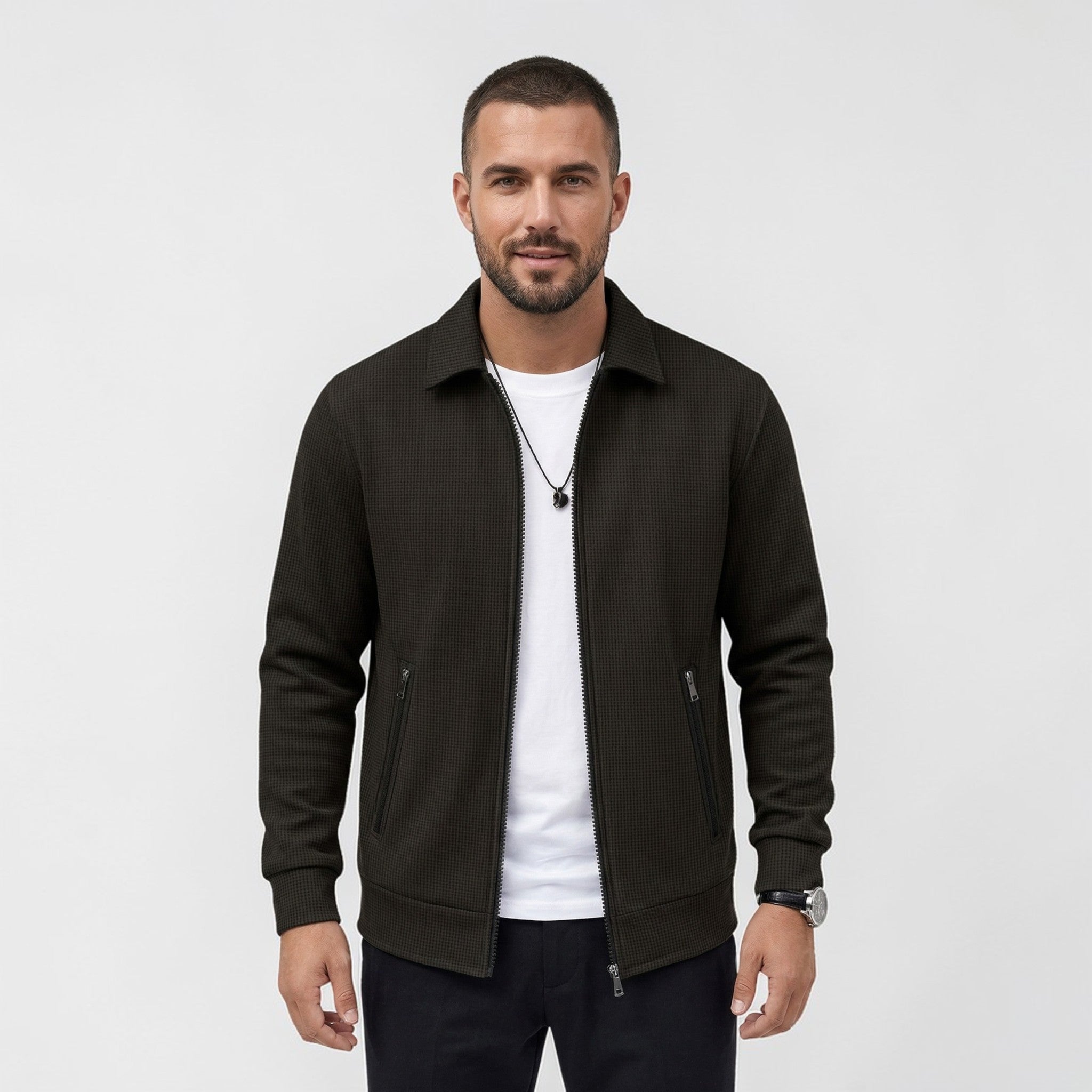 Textured Zip-Up Jacket with Stand Collar and Zip Pockets