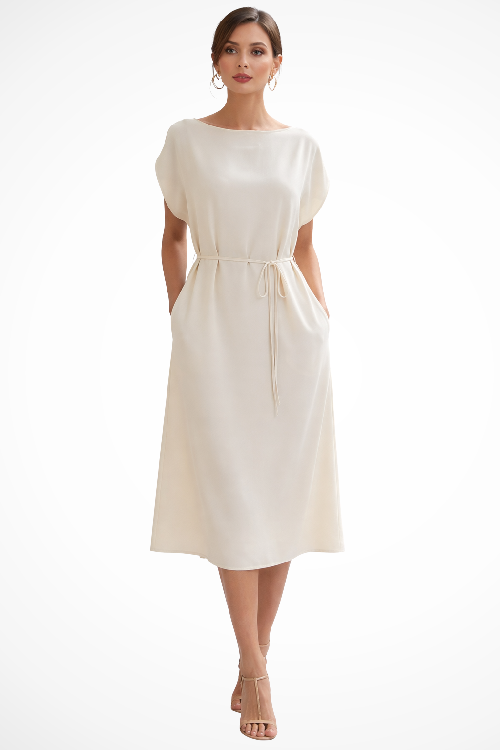 Robe midi pour femme à manches chauve-souris et taille nouée