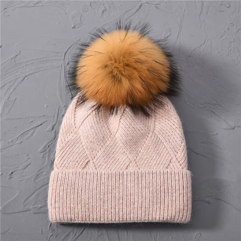 Cashmere Beanie Hat with Faux Fur Pom Pom