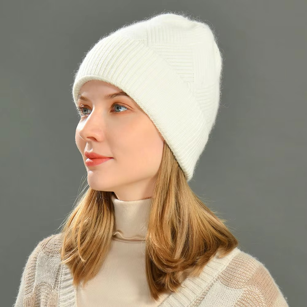 Cashmere Beanie Hat with Faux Fur Pom Pom