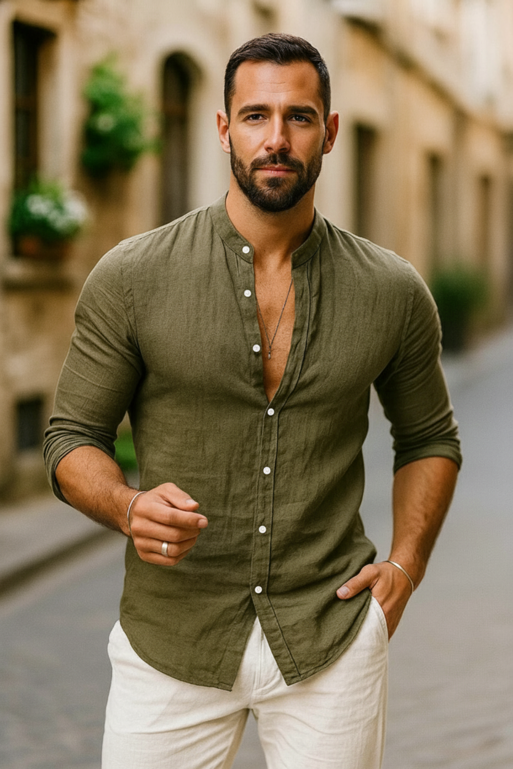 Linen Grandad Collar Shirt with Long Sleeves and Relaxed Fit