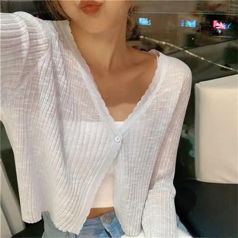 Ribbed Knit Cardigan with Button Front and Cropped Fit