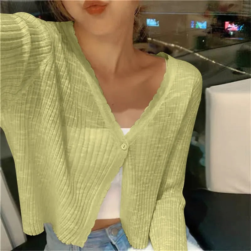 Ribbed Knit Cardigan with Button Front and Cropped Fit