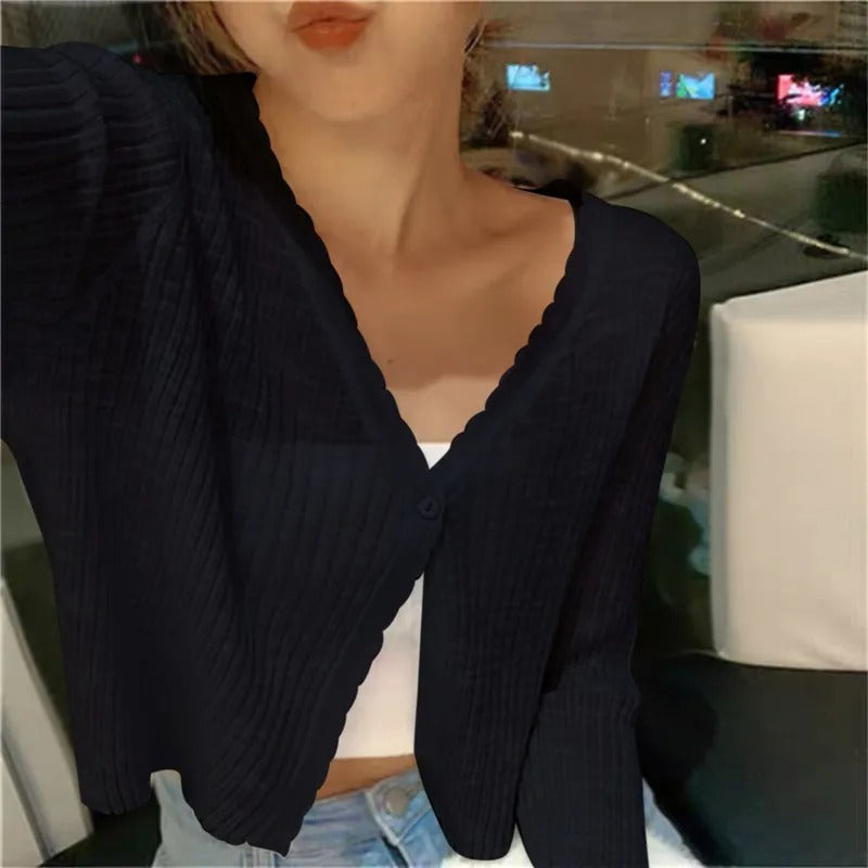 Ribbed Knit Cardigan with Button Front and Cropped Fit
