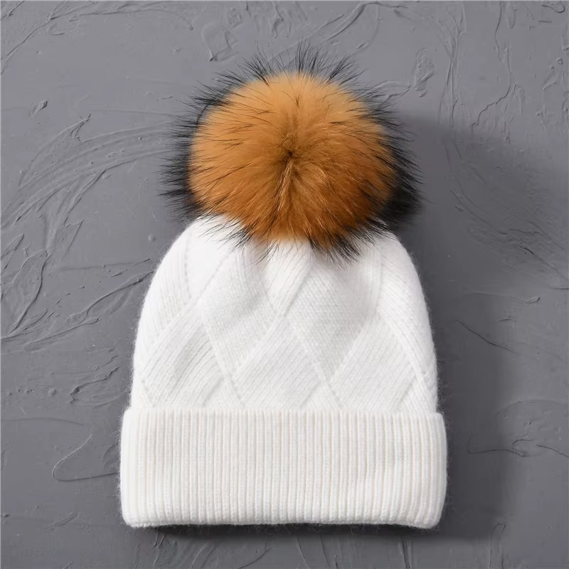 Cashmere Beanie Hat with Faux Fur Pom Pom