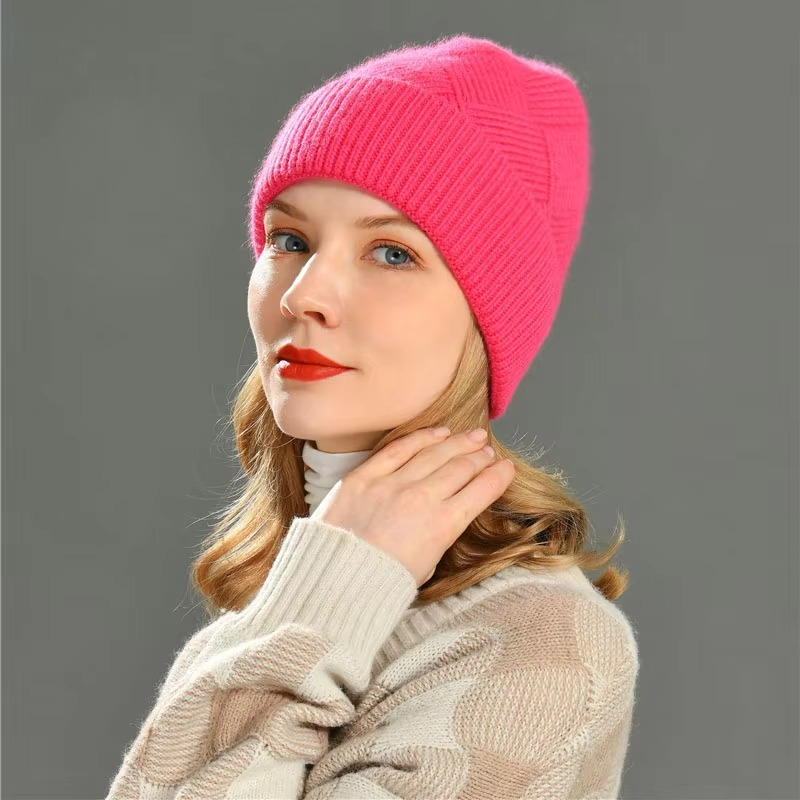 Cashmere Beanie Hat with Faux Fur Pom Pom