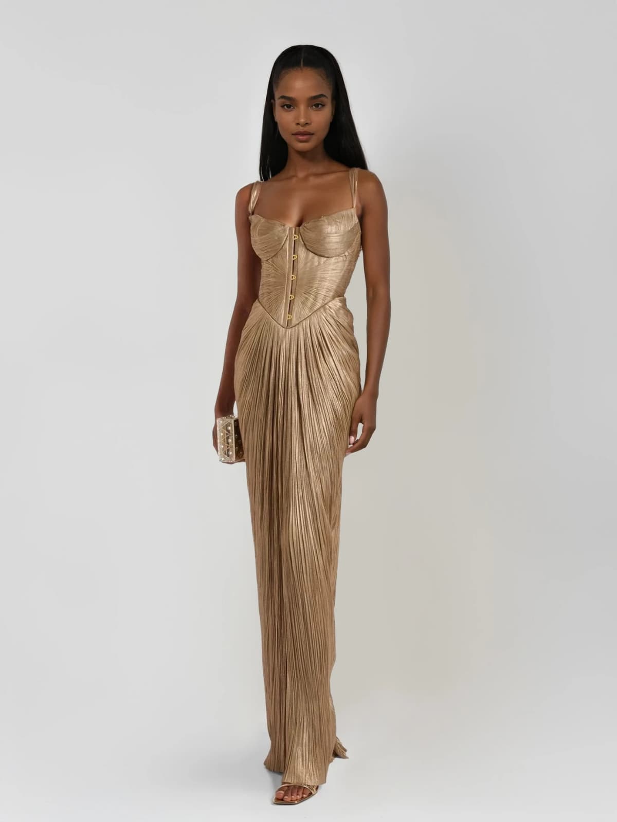 Metallic Corset Maxi Dress with Front Hook Closure