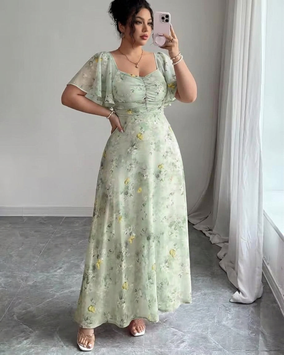Women’s Floral Ruched Flutter Sleeve Maxi Dress