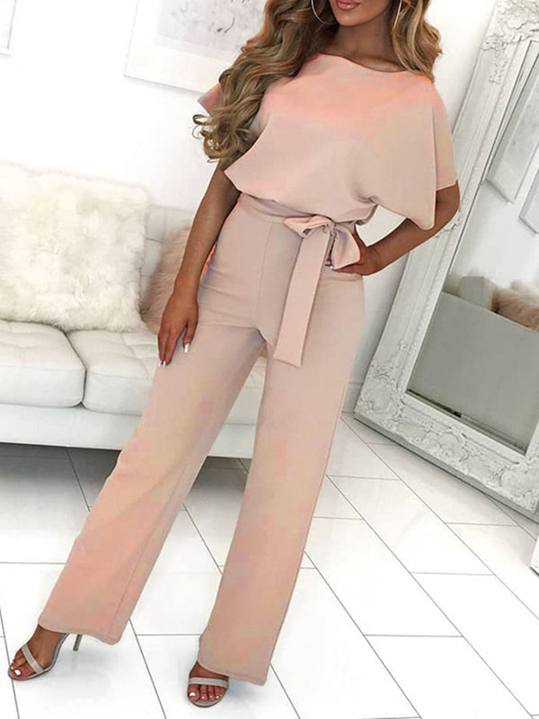Wide Leg Jumpsuit with Batwing Sleeves and Tie Belt
