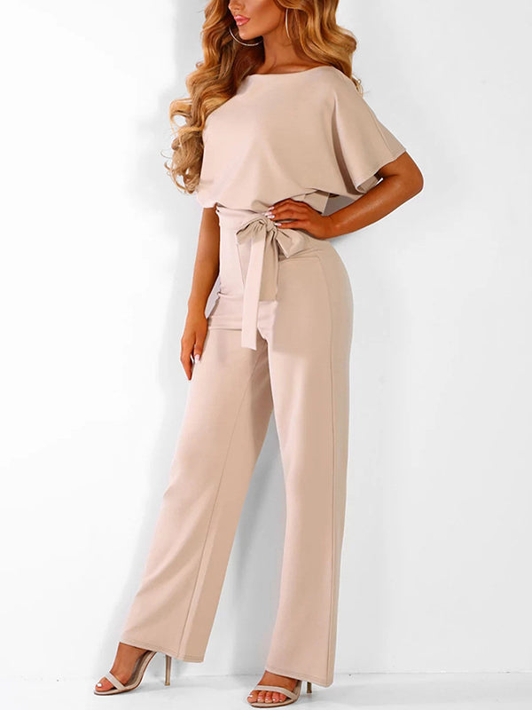 Wide Leg Jumpsuit with Batwing Sleeves and Tie Belt