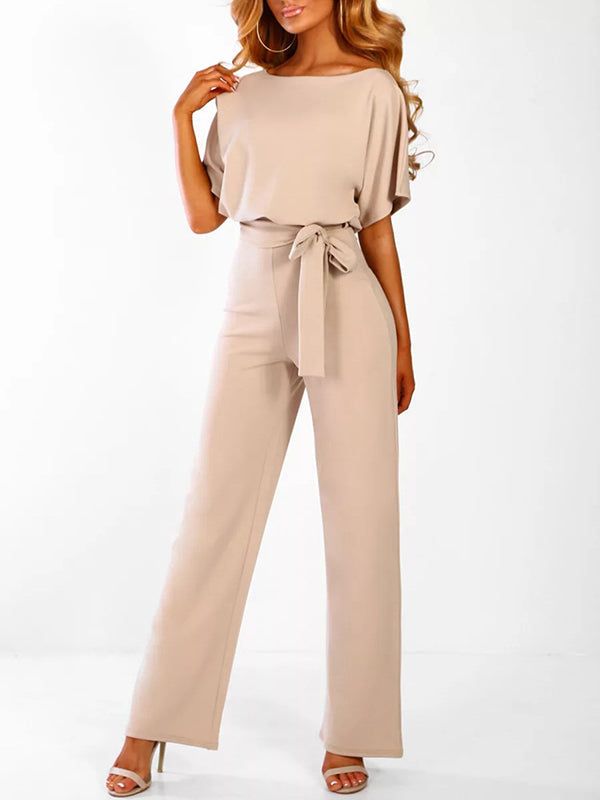 Wide Leg Jumpsuit with Batwing Sleeves and Tie Belt