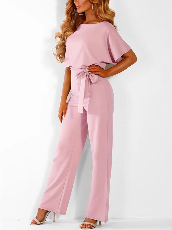 Wide Leg Jumpsuit with Batwing Sleeves and Tie Belt