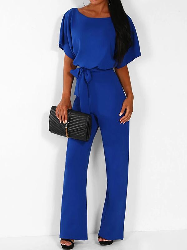 Wide Leg Jumpsuit with Batwing Sleeves and Tie Belt