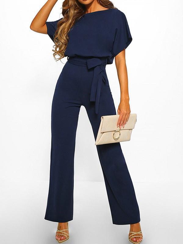 Wide Leg Jumpsuit with Batwing Sleeves and Tie Belt