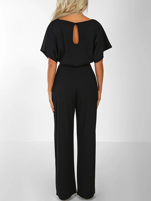 Wide Leg Jumpsuit with Batwing Sleeves and Tie Belt